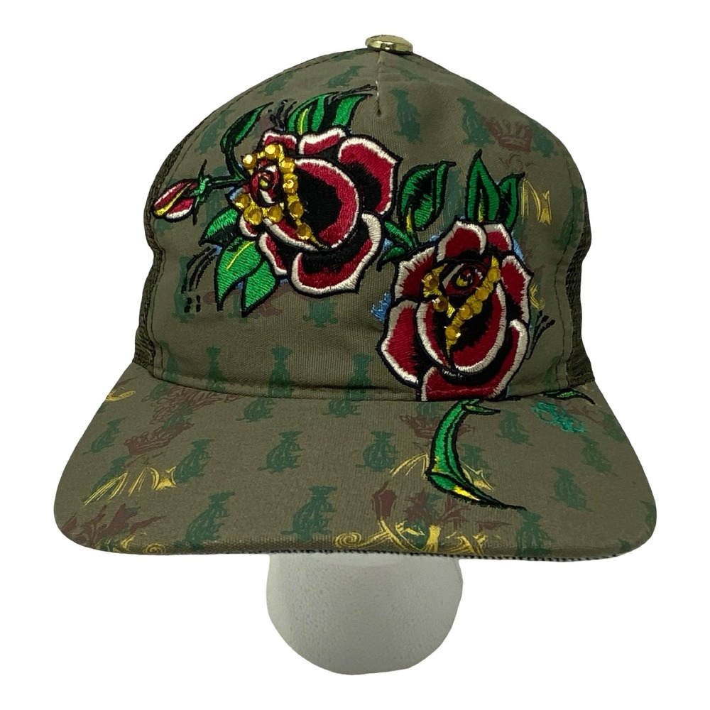 Christian Audigier Rose Embroidery Trucker Hat Green Rhinestone Snapback Y2K